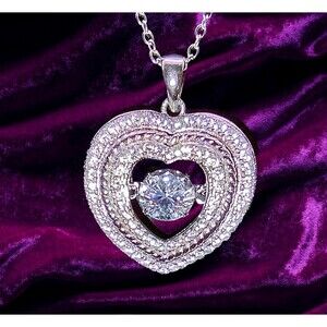 SILVER HEART PENDANT NECKLACE Marked 925 FZN CN  20" Chain  3/4" Heart  CZ's